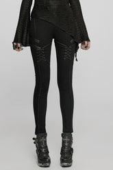 Schwarze Kunstleder-Naht-Schnürung Slim Skinny Damen-Punk-Jeanshose